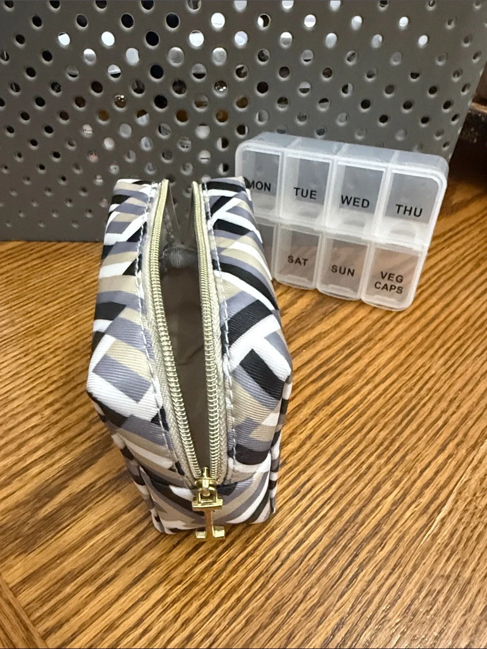 Isaac Mizrahi Black, Gray and Cream Geometric Travel Pouch with Weekly Pill Box